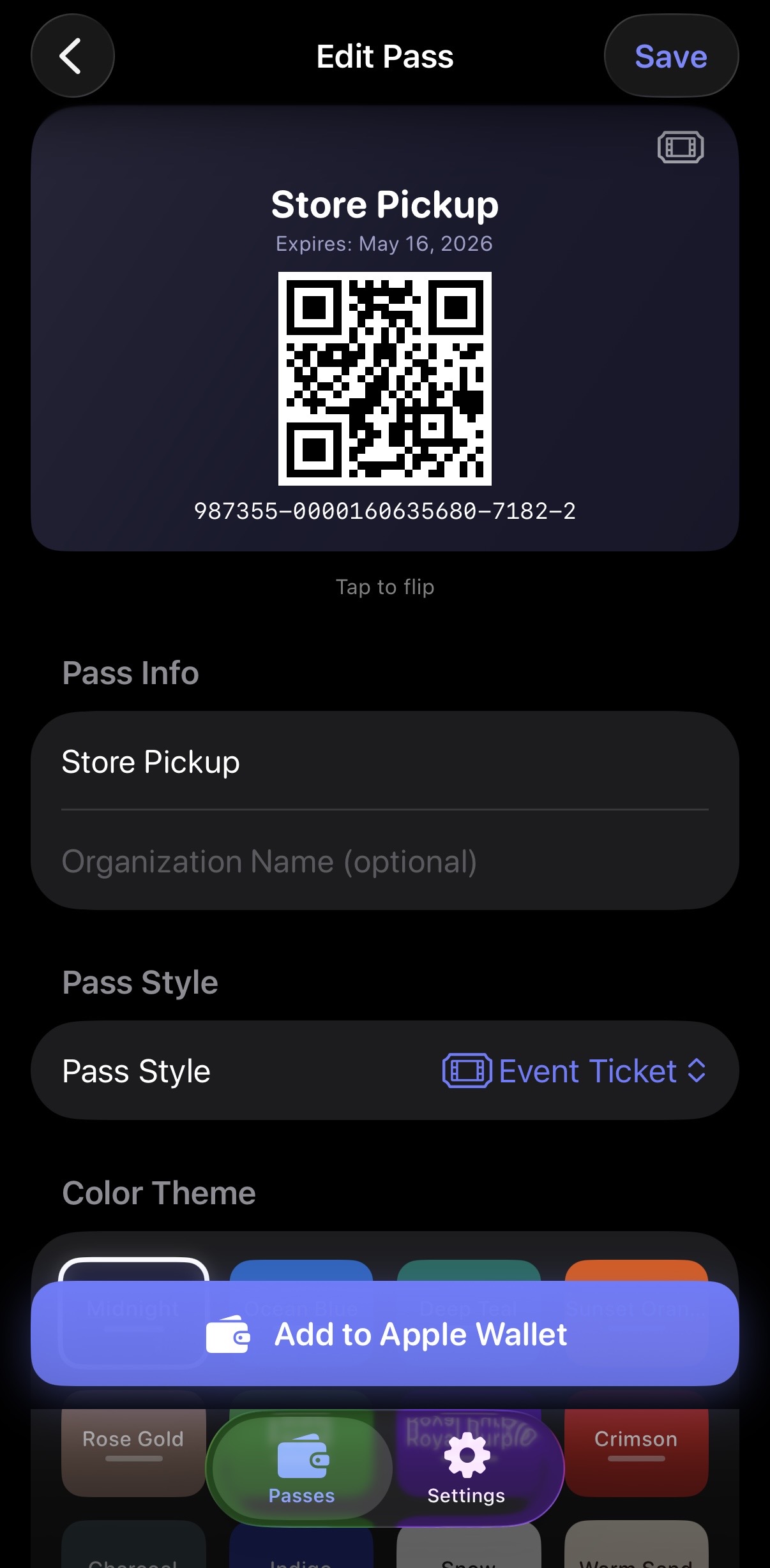 Scan2Wallet Edit Pass screen